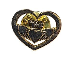 Vintage Gold-Tone Irish Claddagh Lapel Pin Heart Hands Crown Design